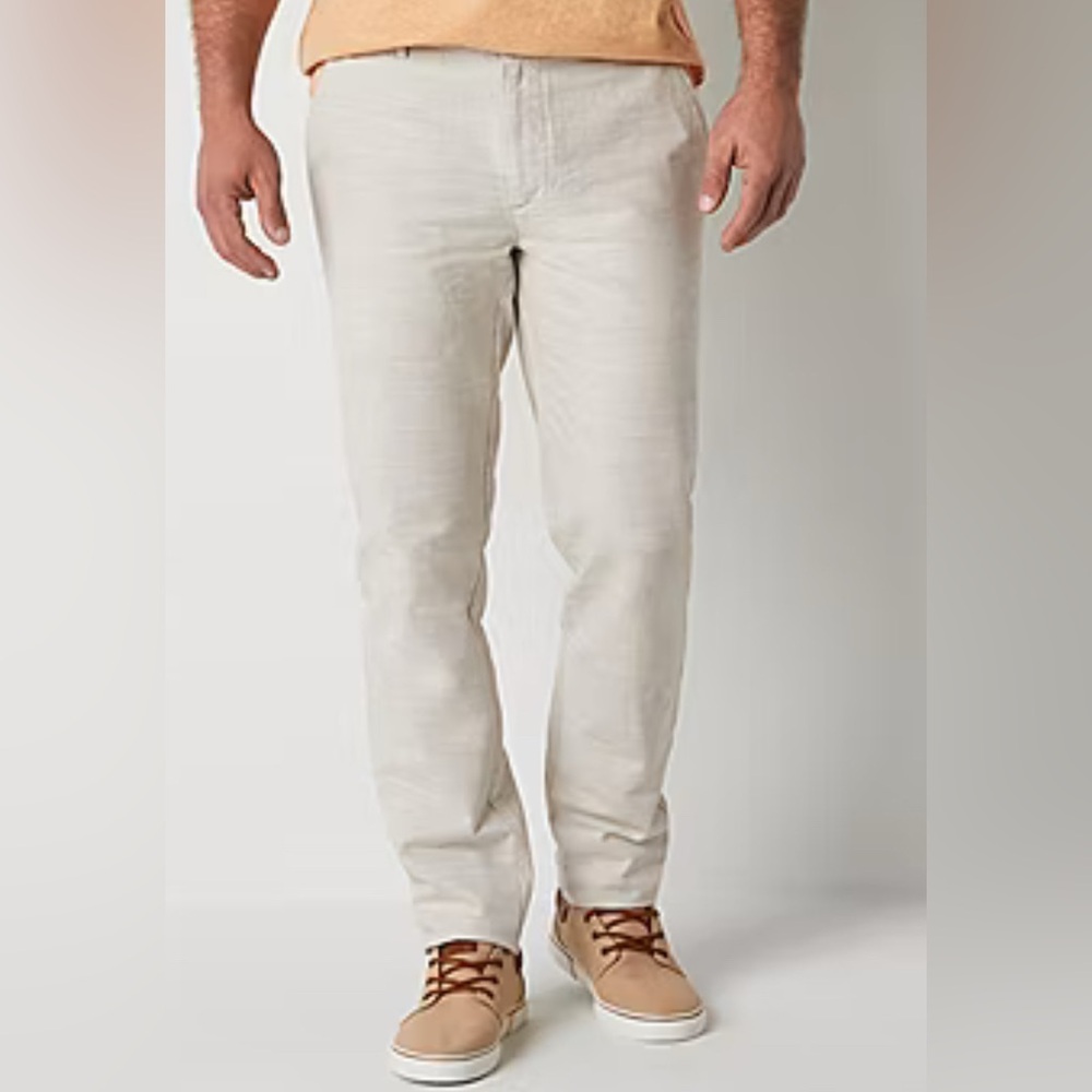 JCPenney Khaki Chambray Pants 36x34 Men's Flat Front Button Back Pkts Slim Fit